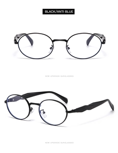 Détail de la monture ovale noire avec verres anti-lumière bleue et design élégant