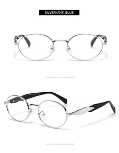 Détail de lunettes de soleil ovales en métal argenté avec verres anti-lumière bleue
