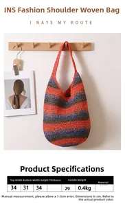 Detailed view of colorful striped straw shoulder bag with specific size measurements