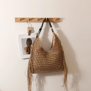 Woven Tassel Shoulder Bag Hollow Out Cotton Knit Bohemian Beach Vacation Hobo Bag With Adjustable Leather Strap Zipper