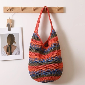 Women Straw Shoulder Bag Colorful Striped Woven Paper Large Capacity Beach Vacation Bohemian Casual Tote Hobo Handbag