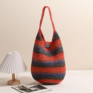 Colorful striped straw tote bag for beach vacation with large capacity woven shoulder straps