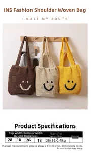 Three smiley woven shoulder bags in brown, beige, and yellow with detailed dimensions
