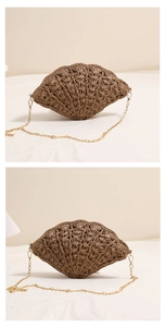 Detailed view of the shell-shaped straw bag with golden chain strap for summer