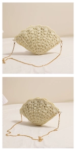 Detailed macro view of the 3D hollow crochet texture on a shell-shaped beige straw bag