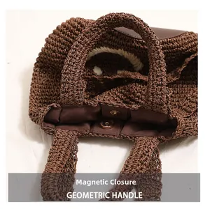 Detail of coffee woven bag showing magnetic closure and interior fabric lining