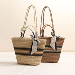 Sac Cabas En Paille À Rayures Pour Femmes Sac À Épaule Tissé Avec Foulard En Satin Grande Capacité Vacances Plage