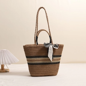 Sac fourre-tout en paille à rayures avec foulard et doubles anses pour les vacances