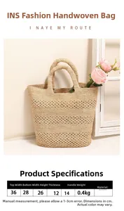 Detailed size parameters of the beige woven straw handbag for beach vacation