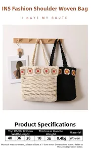 Tableau des tailles détaillé pour sac en coton tressé avec dimensions 40x28x10cm et fleurs