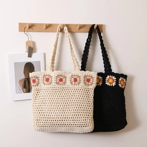 Sac Fourre-Tout Au Crochet Tissé À La Main En Coton À Fleurs Grande Capacité Sac À Épaule De Plage Été Pour Femmes