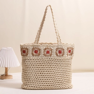 Grand sac cabas en coton tissé avec motif crochet rétro pour vacances à la plage