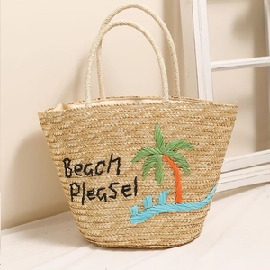 Borsa mare in paglia con palma ricamata e testo Beach Please sul lato anteriore
