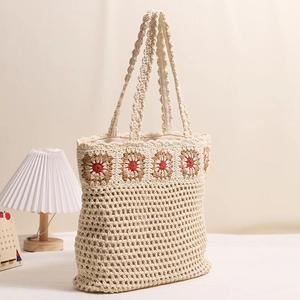 Grand sac cabas beige en coton au crochet avec broderie florale pour vacances à la plage