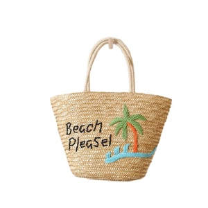 Borsa mare in paglia con ricamo a palma e scritta Beach Please stile vacanza