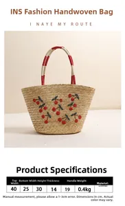 Detail showing dimensions of large straw tote with cherry embroidery and striped handles