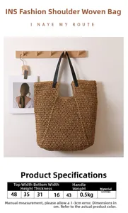 Größentabelle mit Maßen für die große Stroh-Strandtasche mit Lederriemen für den Urlaub
