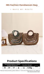 Size chart for woven hollow straw handbag showing dimensions and material specifications