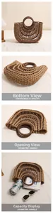 Detailed four-view of handmade straw bag showing base, opening, and large capacity