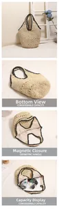 Detail view of large straw tote bag with magnetic closure and spacious inner compartment