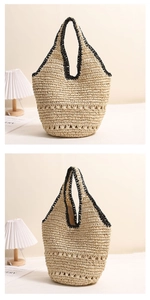 Detailed close-up showing the hollow-out weaving and black contrast stitching on straw bag