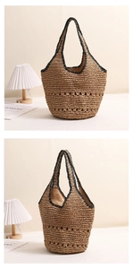 Detail of hollow-out pattern and black trim on straw tote bag with fabric lining