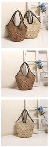 Detail of hollow-out woven patterns and black trimmed edges on straw tote bags