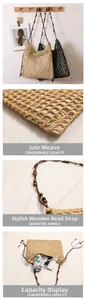 Détail du sac en paille tressée ajourée avec perles en bois montrant l'intérieur