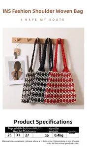 Detail view of woven mesh shoulder bags with size specs for beach vacation style