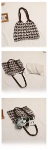 Detail of hand-woven mesh tote with contrast colors and removable drawstring cotton liner