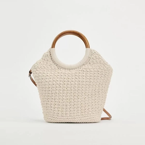 Woven Cotton Handbag With Wooden Round Handle Holiday Beach Tote Crossbody Bag Bohemian Style For Women