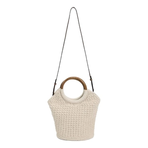 Beige cotton woven tote bag with round wooden handles and adjustable leather strap