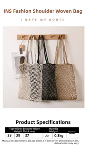 Detailed view of woven mesh tote bags in cream, black, and brown with size measurements