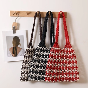 Handmade Cotton Woven Shoulder Bag Hollow Mesh Contrast Color Beach Vacation Tote Bag For Women