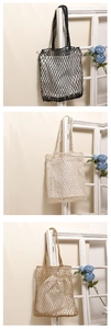 Detail of woven mesh tote bags in black, cream, and khaki with inner lining bags