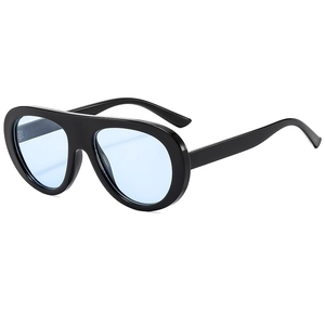 Retro oval sunglasses with thick black frame and light blue lenses for outdoor fashion