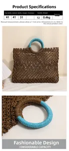 Detail of blue circular handle on a hollow pattern square straw bag for summer beach