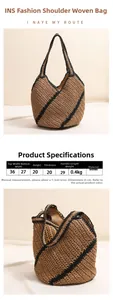 Detailed size chart and dimensions for the geometric woven straw shoulder beach bag