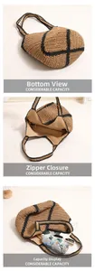 Detail view of woven beach bag showing reinforced base, inner zipper pocket and large capacity