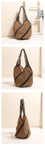 Three views showing handwoven straw tote bag with black geometric stripes and fabric lining