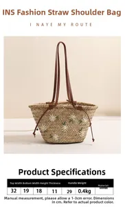 Detailed size chart for straw tote bag with dimensions, weight and floral embroidery details