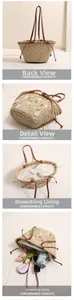 Detail view of straw beach bag with daisy embroidery, leather straps and drawstring liner