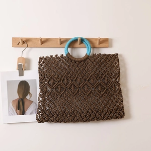 Woven Straw Handbag Paper Rope Hollow Out Square Tote Bag With Blue Round Handles Summer Beach Vacation For Women