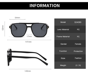 Tableau détaillé des tailles de lunettes aviateur noires avec monture PC de 141mm de large