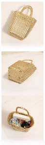 Detail of gold woven tote bag showing spacious interior and sturdy braided texture