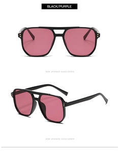 Détails de lunettes aviateur noires avec verres violets et rivets dorés élégants