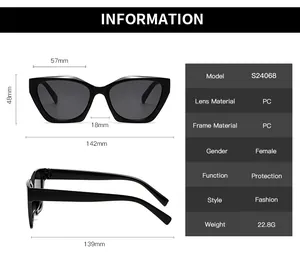 Detailed size chart for stylish cat-eye sunglasses featuring precise frame measurements
