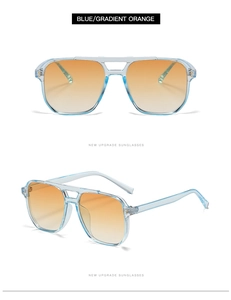 Détail des lunettes aviateur avec monture bleue transparente et verres dégradés oranges
