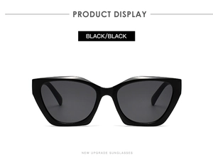 Detail of trendy black cat-eye sunglasses featuring high-quality frames and UV lenses