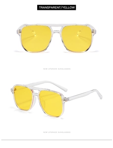 Détail de lunettes pilote vintage avec monture transparente à double pont et verres jaunes
